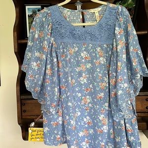 MATILDA JANE Be Here Now Blue Floral Lace Yoke Blouse, Size XL.